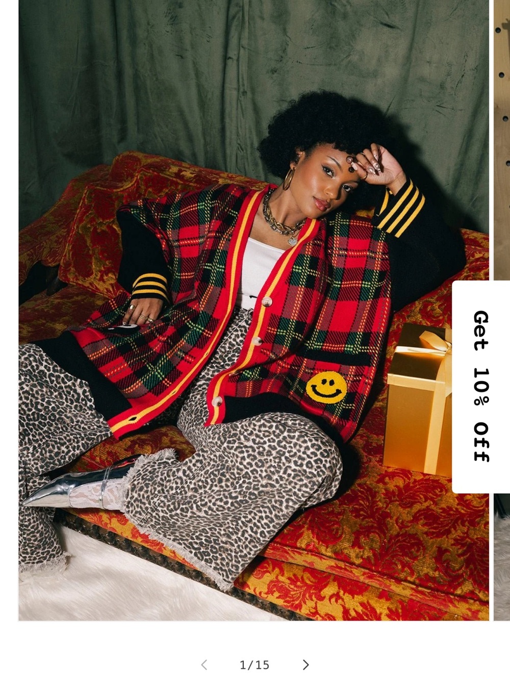 Dressed in LALA Red Plaid Knit Cardigan with Smiley Patch